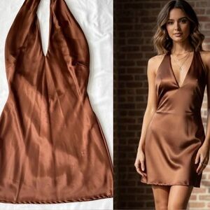 Lulus Brown Copper Satin Halter Mini Dress - small - homecoming earthtone